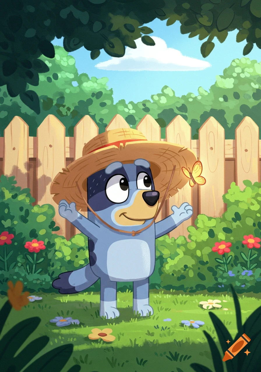 Bluey, the cartoon blue dog, wears a straw hat and looks up at a yellow butterfly in a sunny garden.