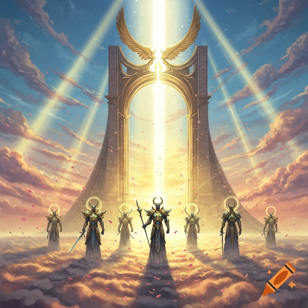 Seven armored warriors with halos stand on clouds before a majestic winged gate, bathed in golden light with falling pink petals.