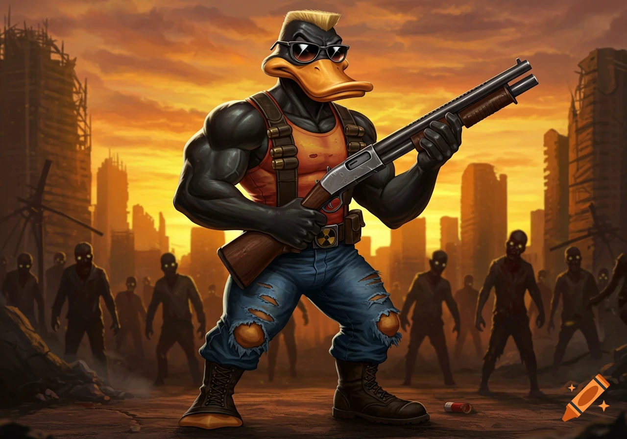 Muscular black duck, Duke Nukem style, with sunglasses and a shotgun, stands in a ruined city at sunset, facing a horde of zombies.
