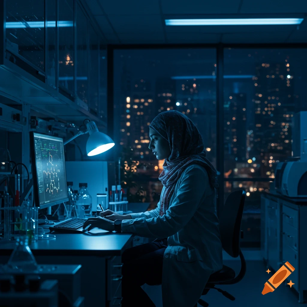 A photorealistic image of a Muslim woman in a hijab working at a computer in a dark science lab at night, with a city skyline visible outside.