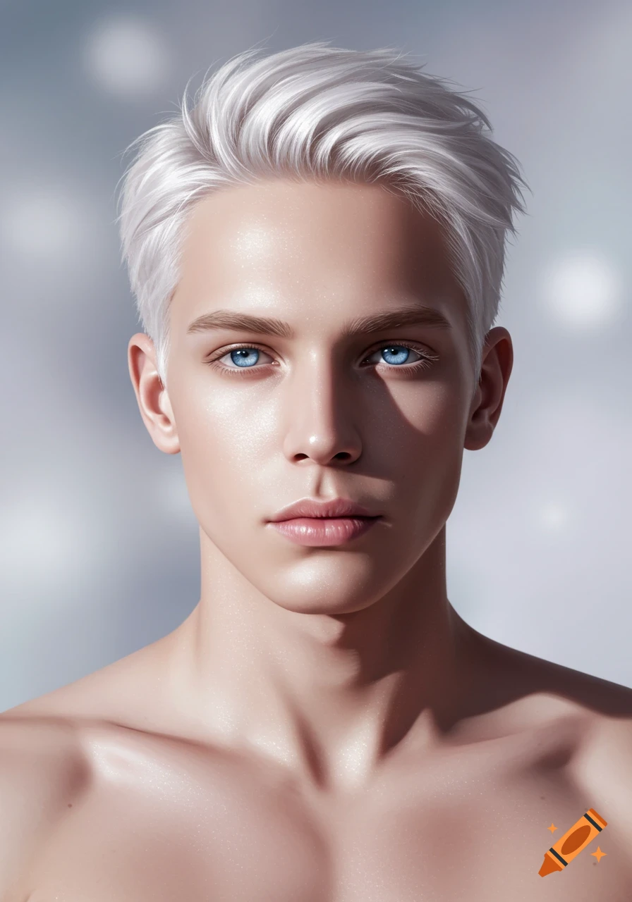 A close-up portrait of a young man with white hair, bright blue eyes, and pale, glowing skin.