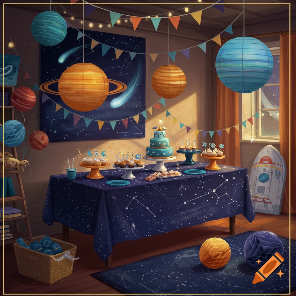 A vibrant baby shower party room decorated with a space theme, featuring planet lanterns, a starry tablecloth, a tiered cake, and cupcakes.