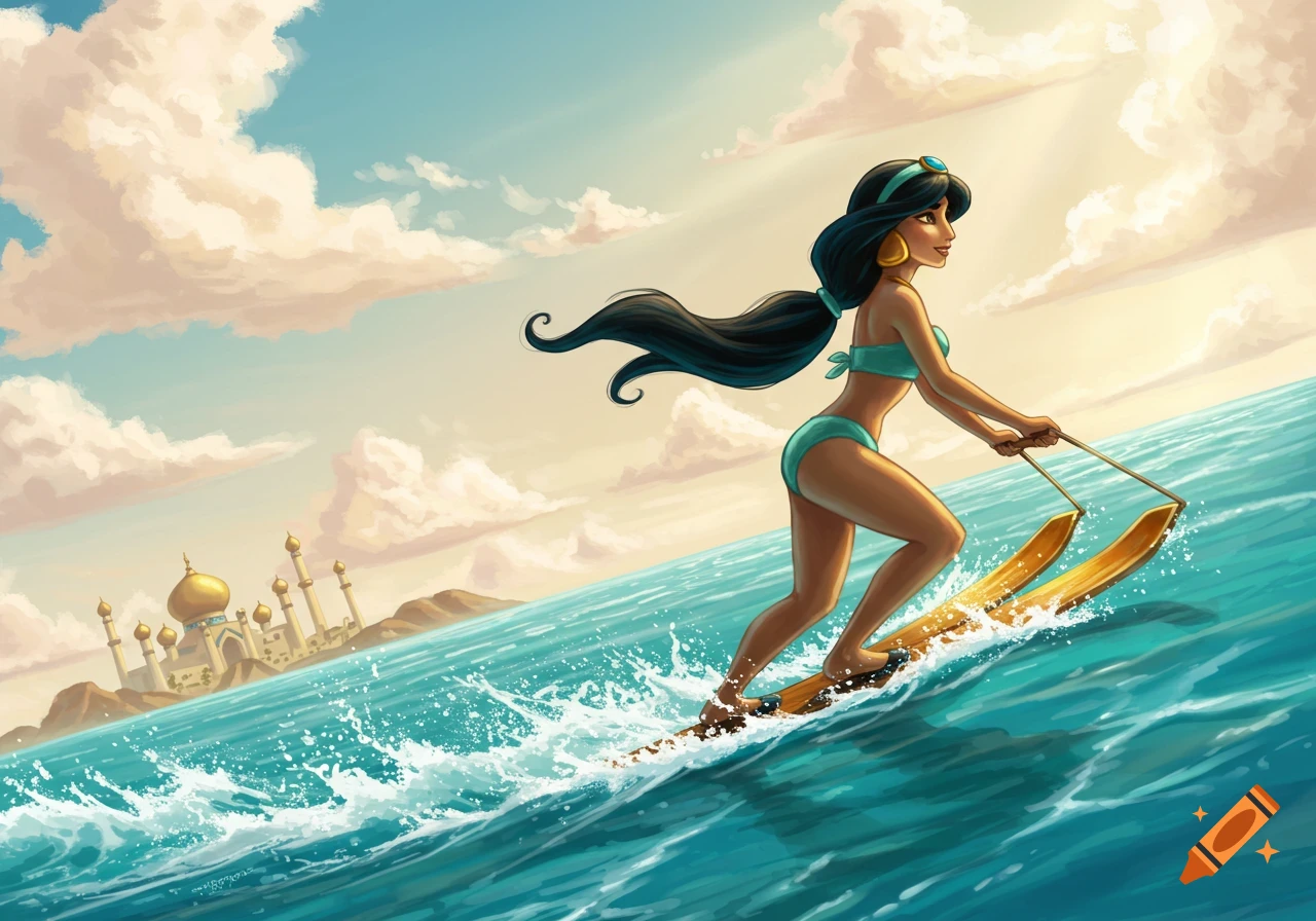 Princess Jasmine water skiing in a bikini on turquoise water with a palace in the background, cartoon style.