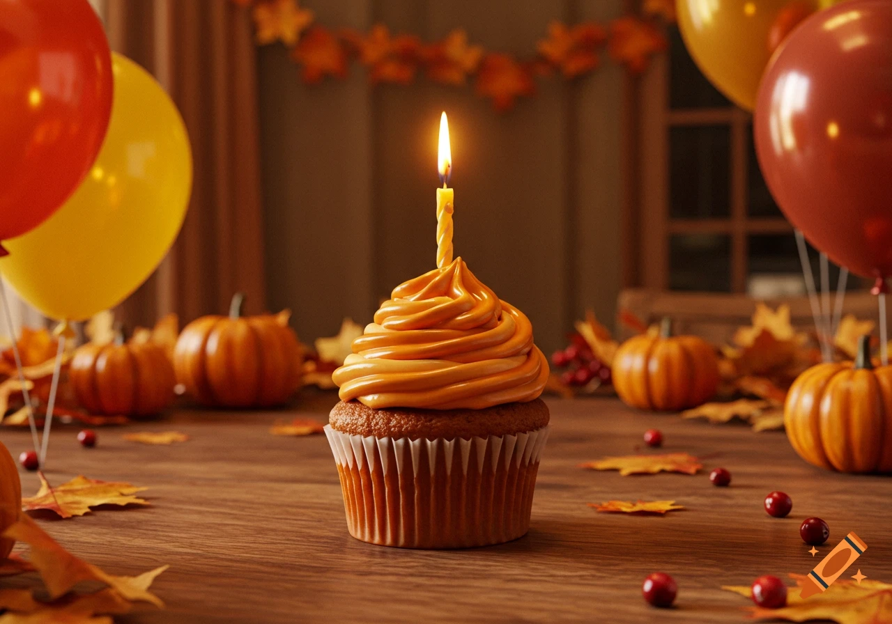 A lit candle on an orange-frosted cupcake, surrounded by fall leaves, mini pumpkins, and balloons on a wooden table.
