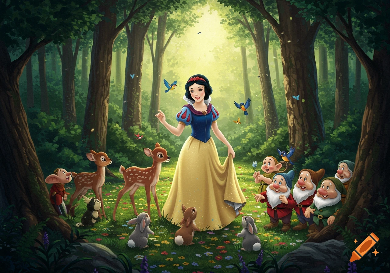 Snow White in a yellow and blue dress stands in a sunlit forest with the Seven Dwarfs, deer, rabbits, and birds in an animated style.