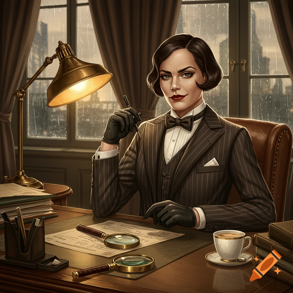 A woman in a pinstripe suit and bow tie sits at a desk with a lamp, magnifiers, and documents, a city visible outside.