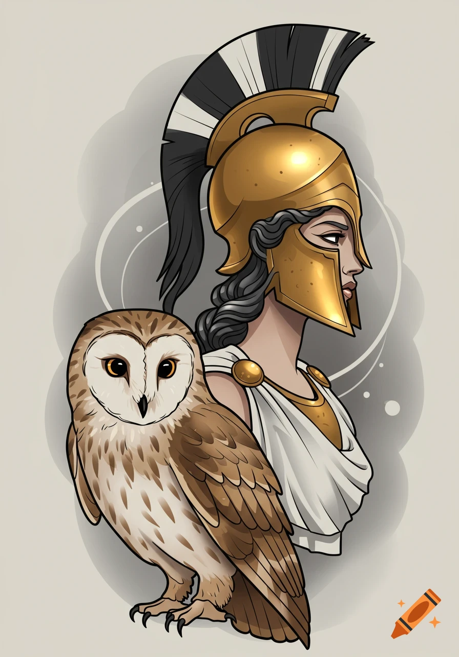 Neo-traditional tattoo design of Athena in a golden helmet, with an owl in the foreground.