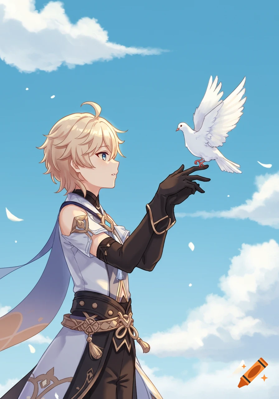 Anime illustration of Aether from Genshin Impact, a blonde boy in fantasy attire, holding a white dove against a blue sky.
