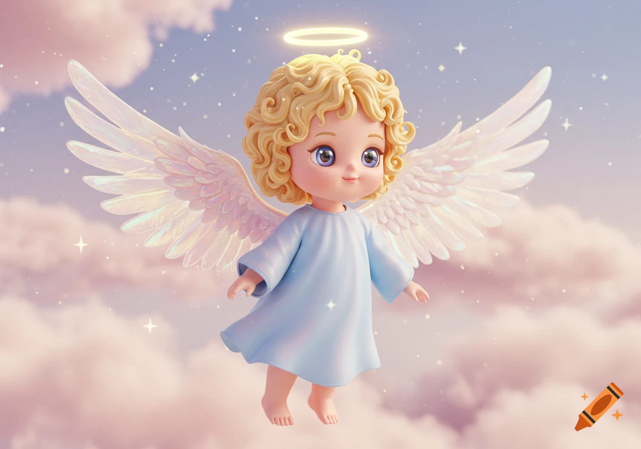 A cute 3D cartoon angel with blonde curly hair, blue eyes, a light blue gown, and white iridescent wings floats in a sky with pink and purple clouds.