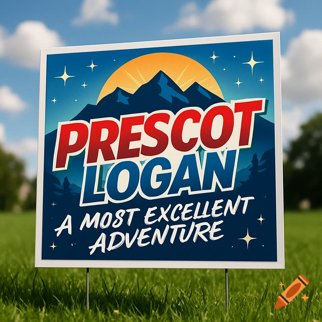 A colorful election yard sign for Prescot Logan, with mountains and a sunrise, in a grassy field under a blue sky.