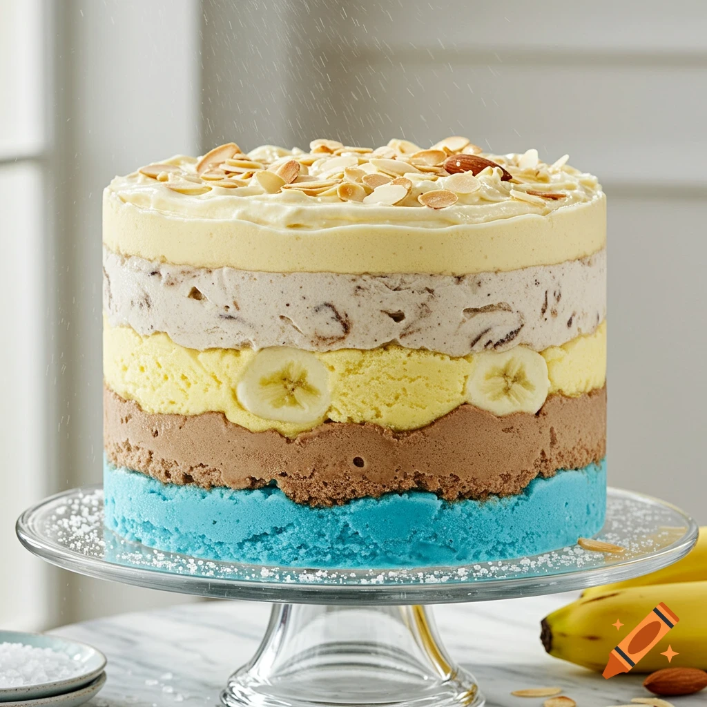 A tall, colorful 5-layer ice cream cake on a glass stand, topped with almonds and cream, with banana slices in a yellow layer.