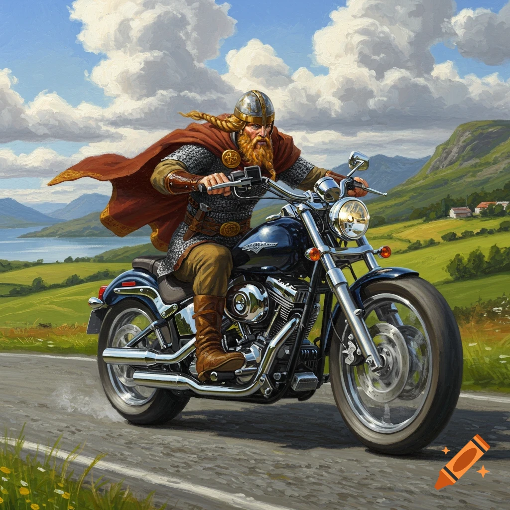 A bearded Viking in a helmet, chainmail, and a red cape rides a motorcycle on a paved road through a green, hilly landscape under a blue sky, in a detailed painting.