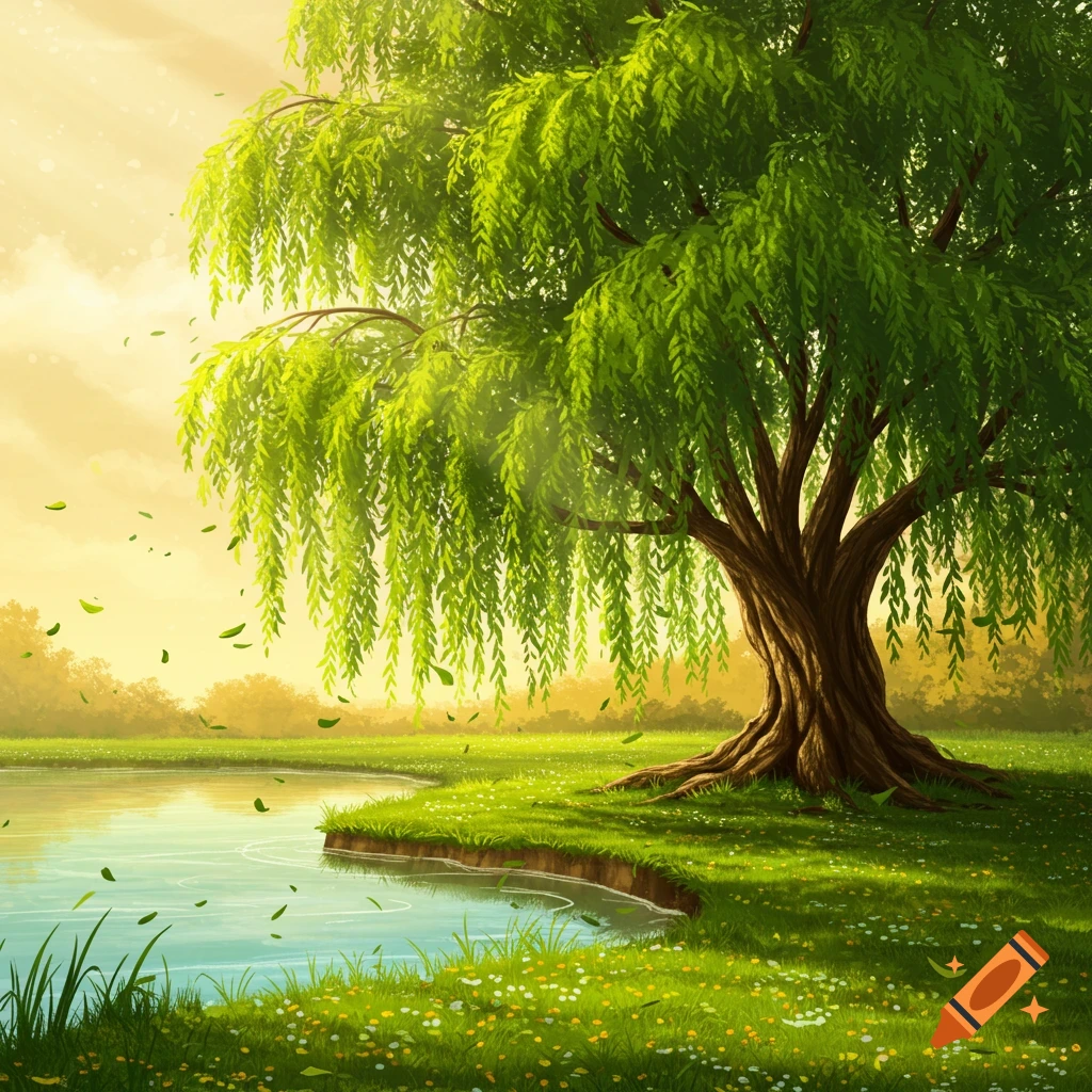 Vibrant illustration of a weeping willow tree beside a serene pond under a sunny sky, with green grass and wildflowers.