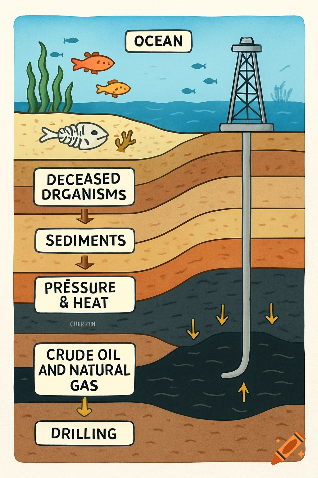 An educational diagram of the earth's cross-section, illustrating how crude oil and natural gas form under the ocean from deceased organisms through sediment, pressure, and heat, with an oil rig drilling into the layers.