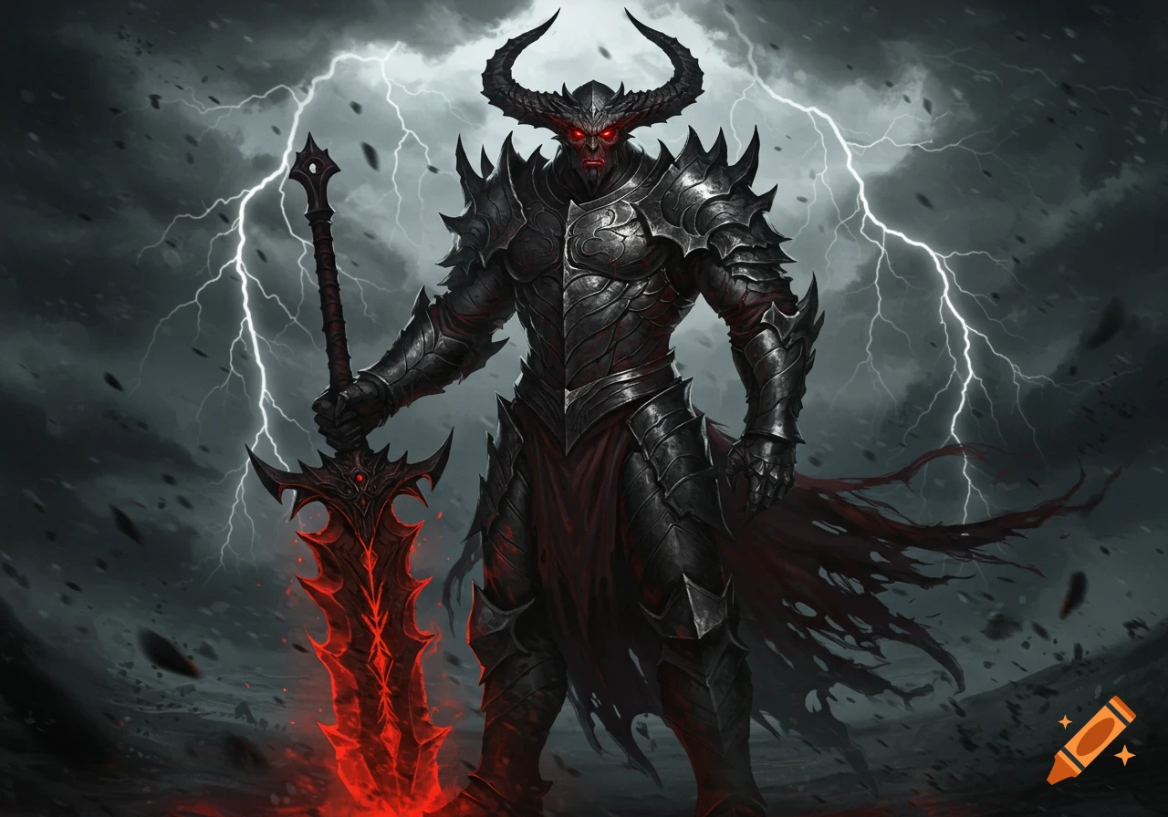 A menacing, horned demon-like figure in dark armor holds a glowing red greatsword against a stormy sky with lightning.