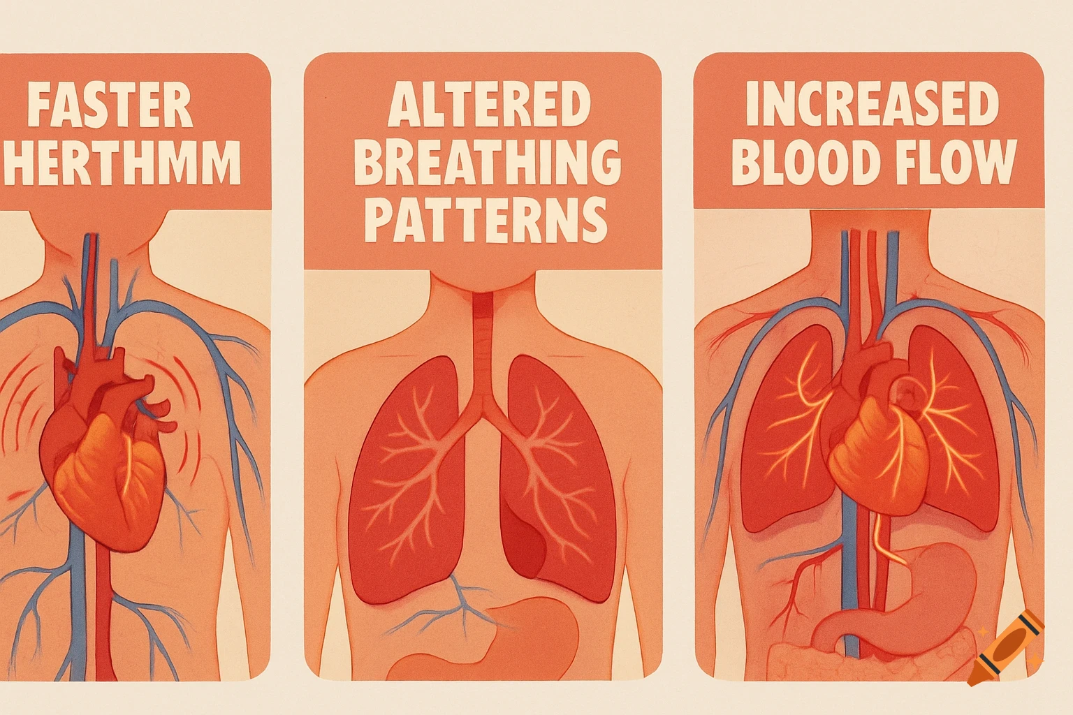 Three cartoon-style panels illustrating human internal organs. The first shows a heart and blood vessels with text "FASTER HERTHMM". The second shows lungs with text "ALTERED BREATHING PATTERNS". The third shows heart, lungs, stomach, and blood vessels with text "INCREASED BLOOD FLOW".