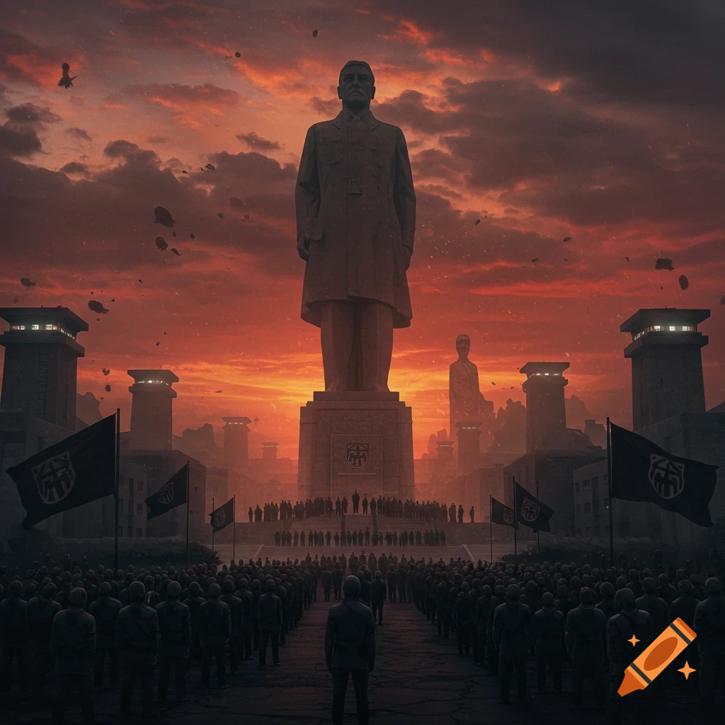 A large crowd stands before a colossal monument of a leader, flanked by guard towers and flags, under a dramatic red and orange dystopian sky.
