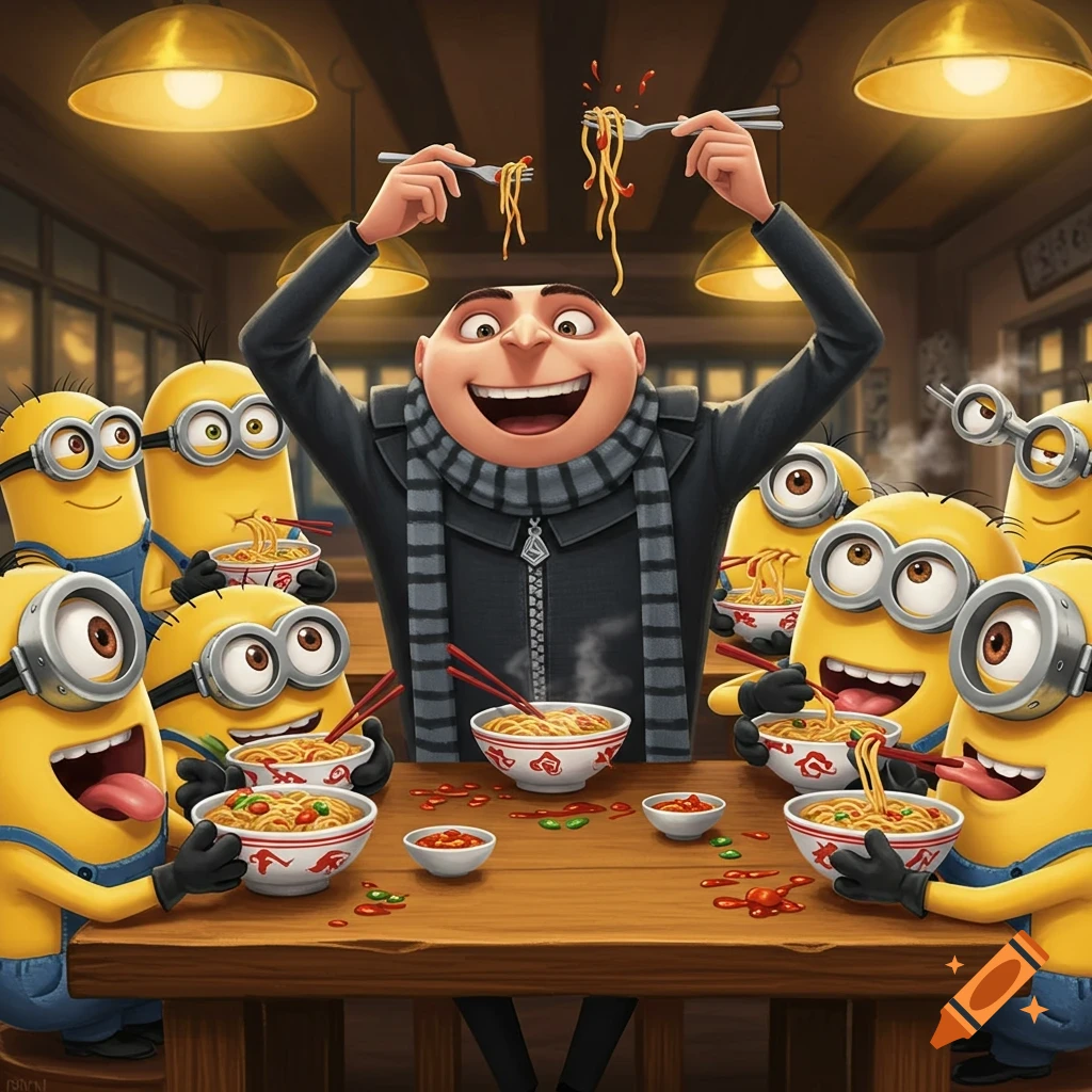 Gru and several Minions happily eat bowls of noodles with chopsticks and forks in a cozy restaurant.