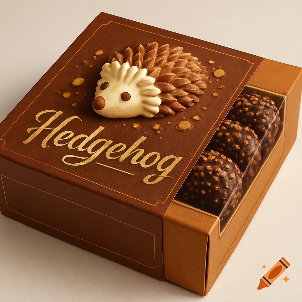 A brown gift box for chocolates, featuring a cream hedgehog and the word "Hedgehog" in gold script on the lid. The box is partially open, revealing chocolate truffle-like candies inside.