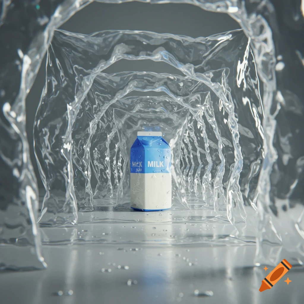A white and blue milk carton stands centered within a translucent tunnel of flowing water, with water droplets on its surface and the surrounding floor.