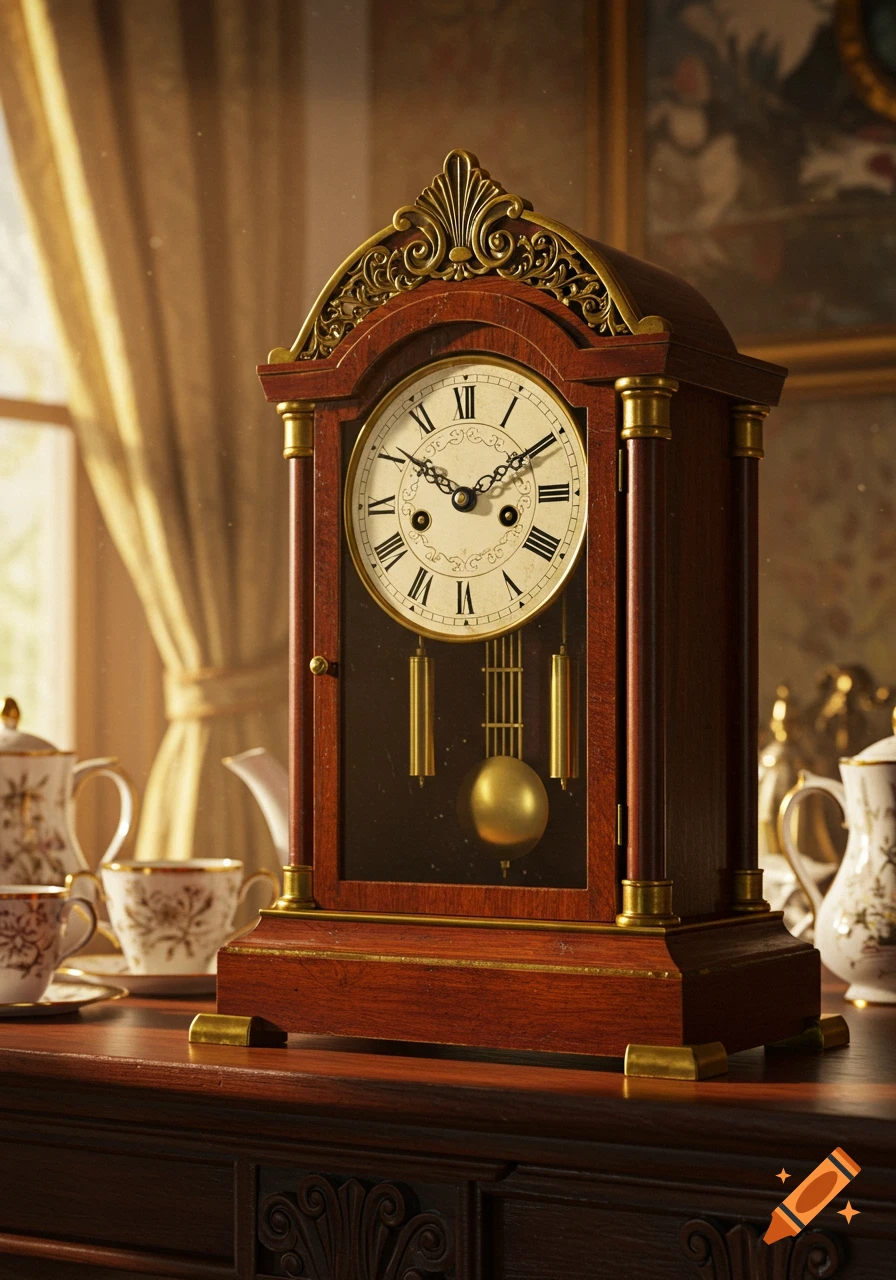 A photorealistic antique wooden mantel clock with Roman numerals and a brass pendulum sits on a table with a tea set, bathed in warm light.