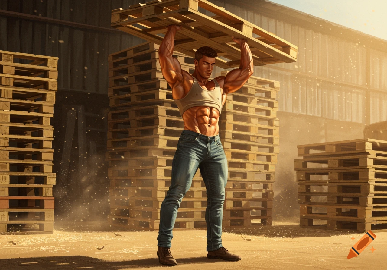 A very muscular man in a white tank top and jeans lifts a wooden pallet over his head in a dusty warehouse, surrounded by stacks of pallets. Photorealistic style.