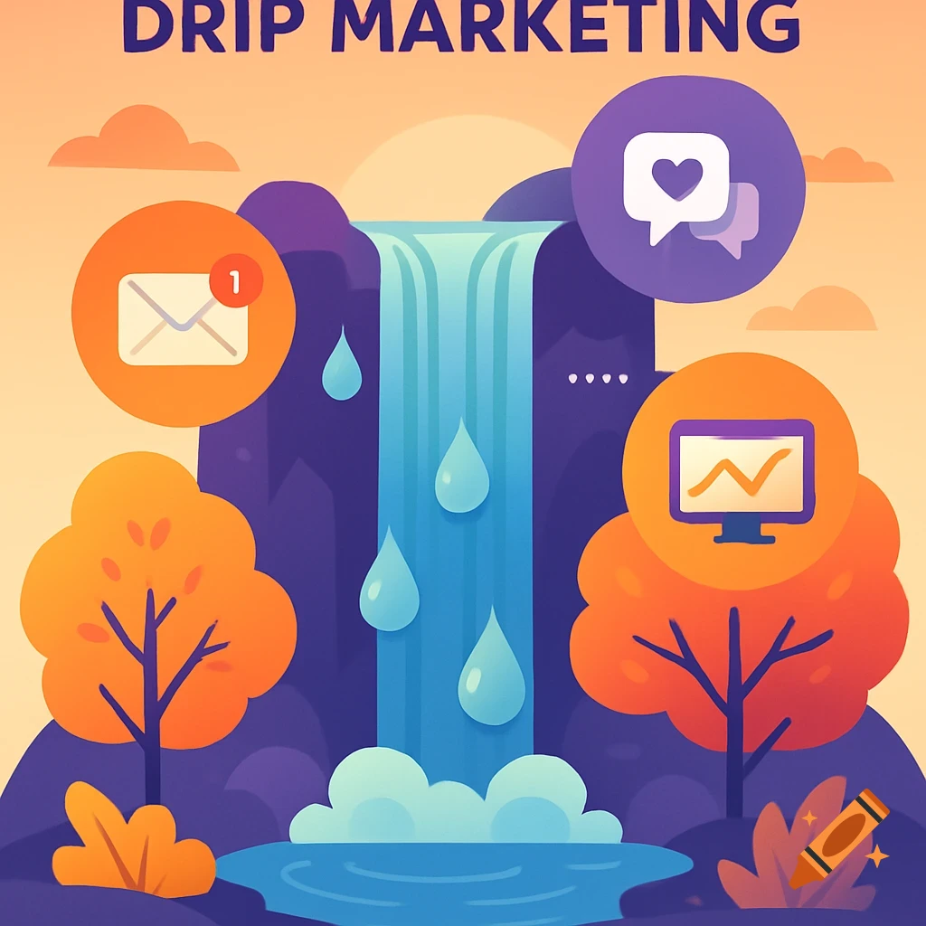 Illustration of 'DRIP MARKETING' text above a waterfall with marketing icons for email, social media, and analytics.