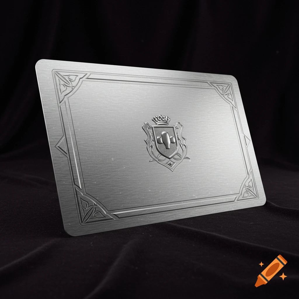 A silver metallic card with an embossed border and a central crest emblem, resting on a dark fabric.
