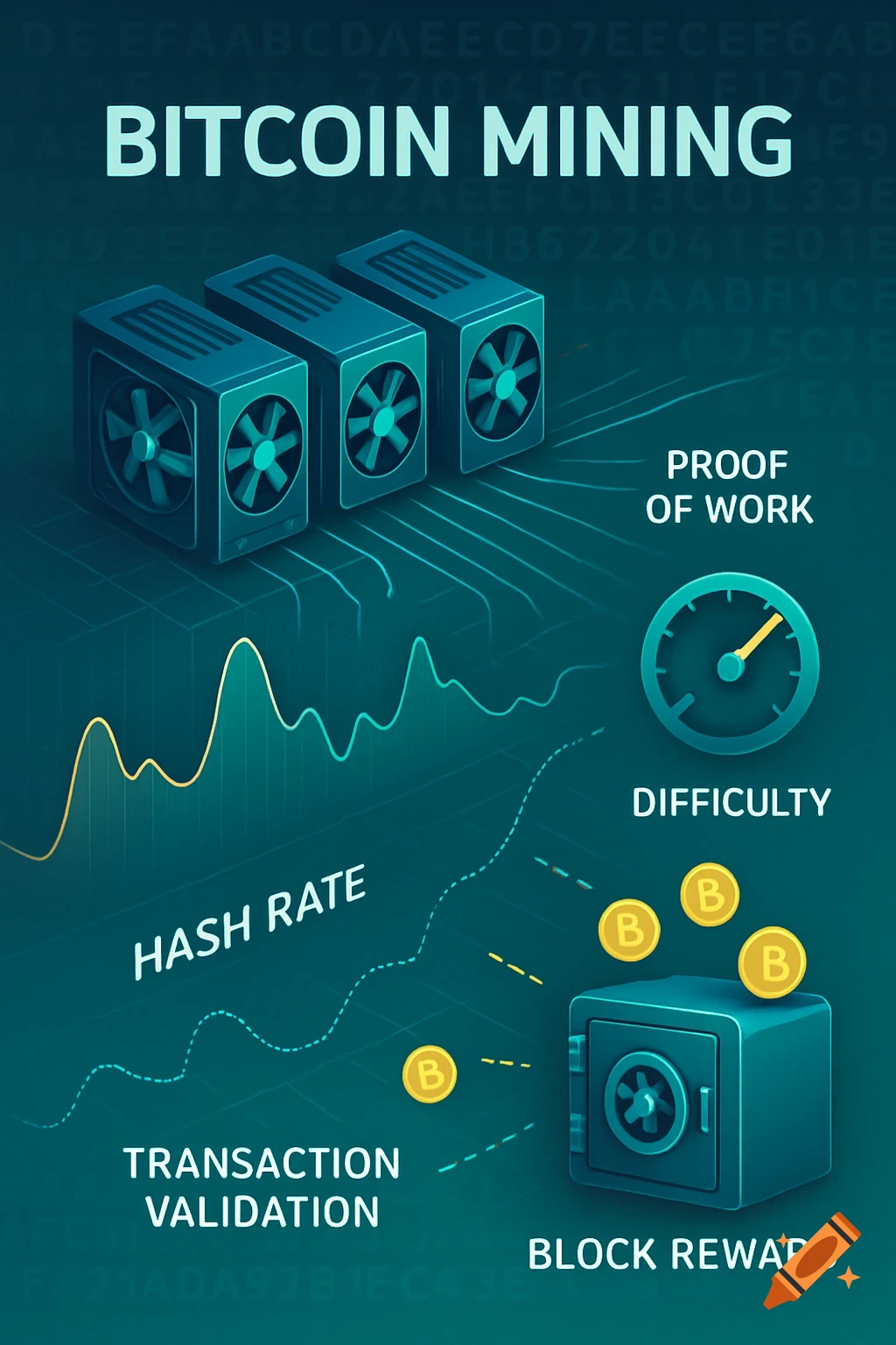 A detailed infographic illustrating Bitcoin mining concepts with three mining rigs, a hash rate graph, a difficulty clock, transaction validation, and a block reward safe with bitcoin symbols.