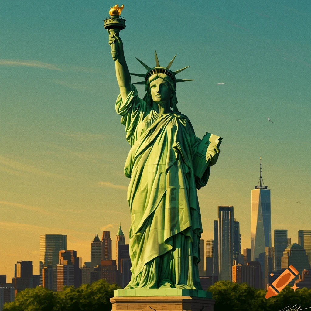 The Statue of Liberty stands against a vibrant sky with the New York City skyline in the background.