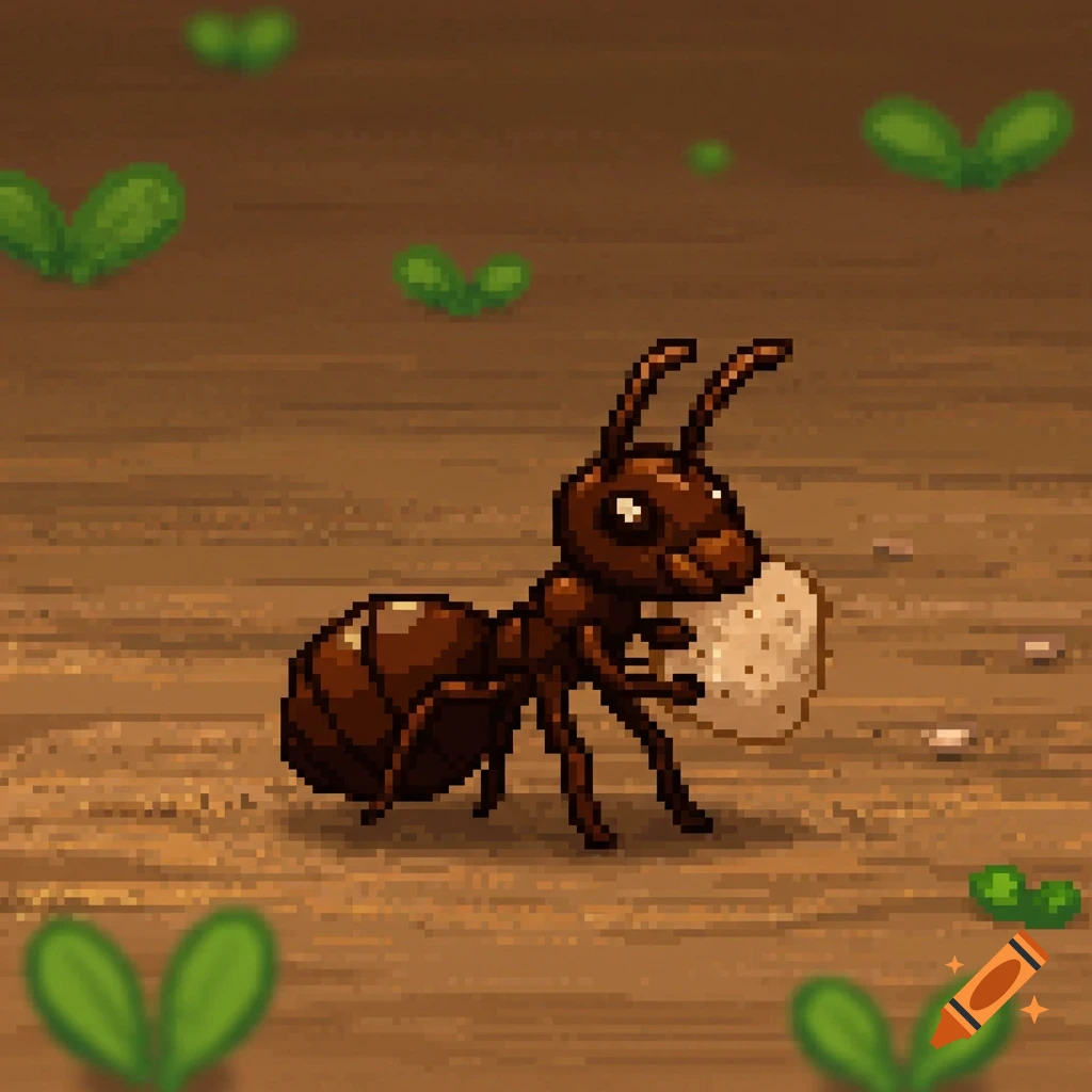 A pixel art ant carries a crumb across a brown ground with green leaves.