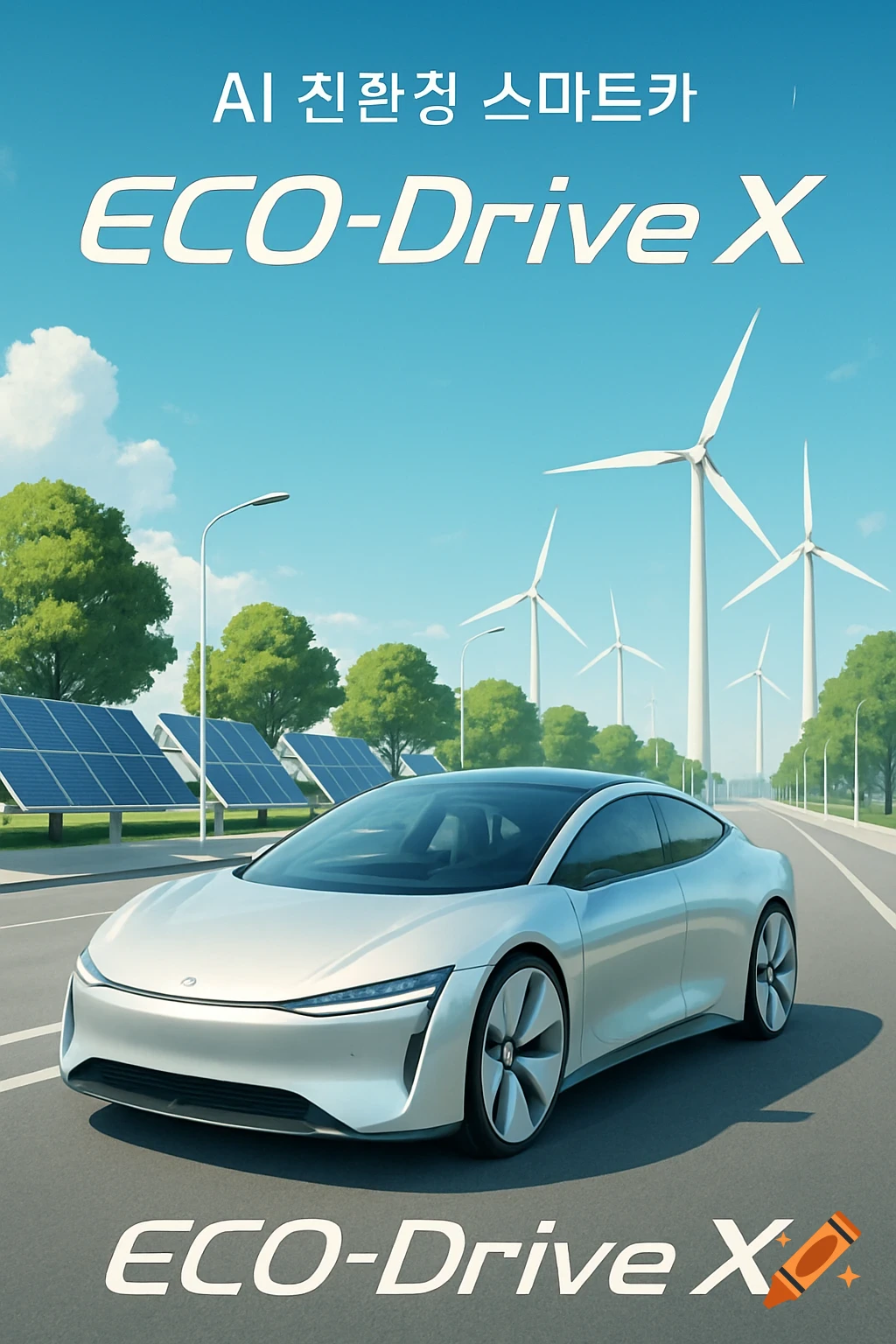A futuristic silver electric car on a road, flanked by solar panels and wind turbines under a clear blue sky. Text: "AI 친환경 스마트카" and "ECO-Drive X".
