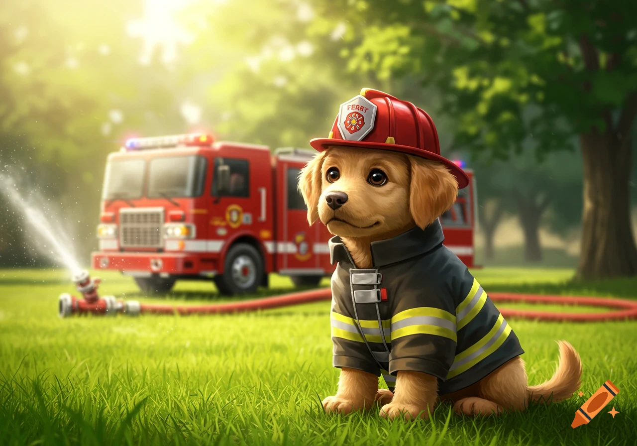 A cute golden retriever puppy dressed as a firefighter, sitting in green grass with a fire truck and hose in the background.