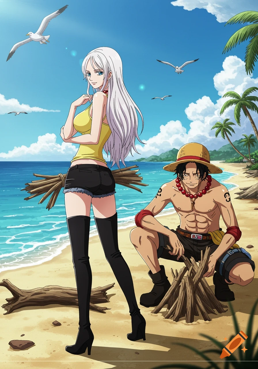 An anime scene of a white-haired woman and Portgas D. Ace on a sunny tropical beach. She holds a bundle of wood, and he crouches, starting a campfire.