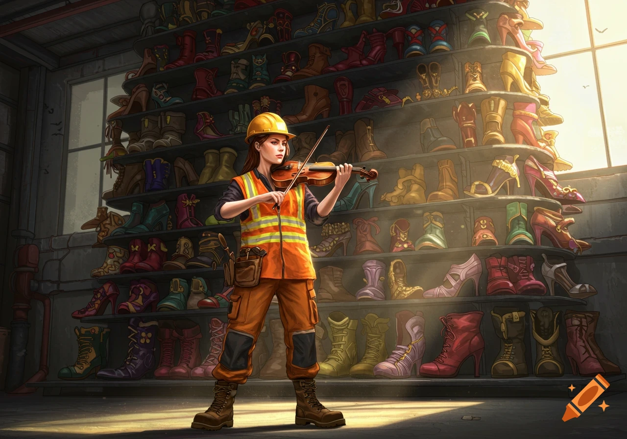 Woman in a hard hat and safety vest playing a violin in front of a giant wall of shoes.