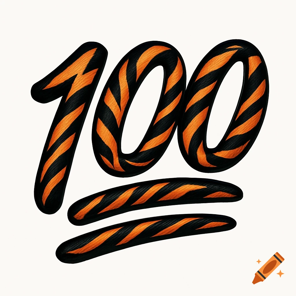 A stylized "100" emoji featuring bold black and orange tiger stripes on a plain white background.