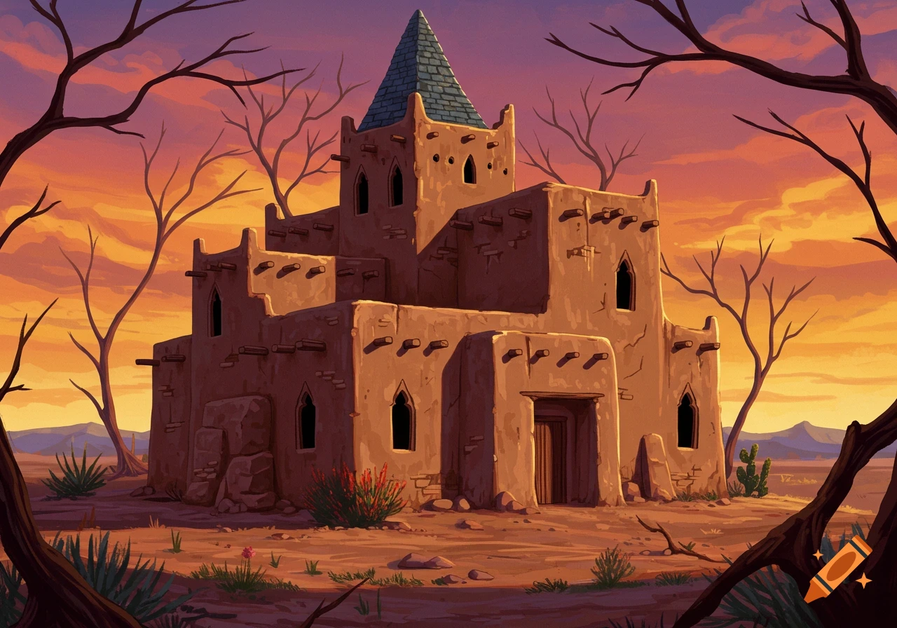 A stylized adobe mud house with a conical roof and pointed windows, set against a vibrant sunset desert landscape with bare trees.