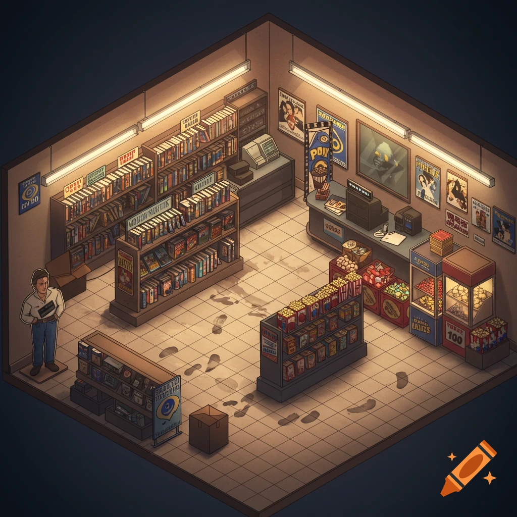 Isometric view of a retro video rental store interior with shelves of movies, snack displays, a checkout counter, and a person standing inside.