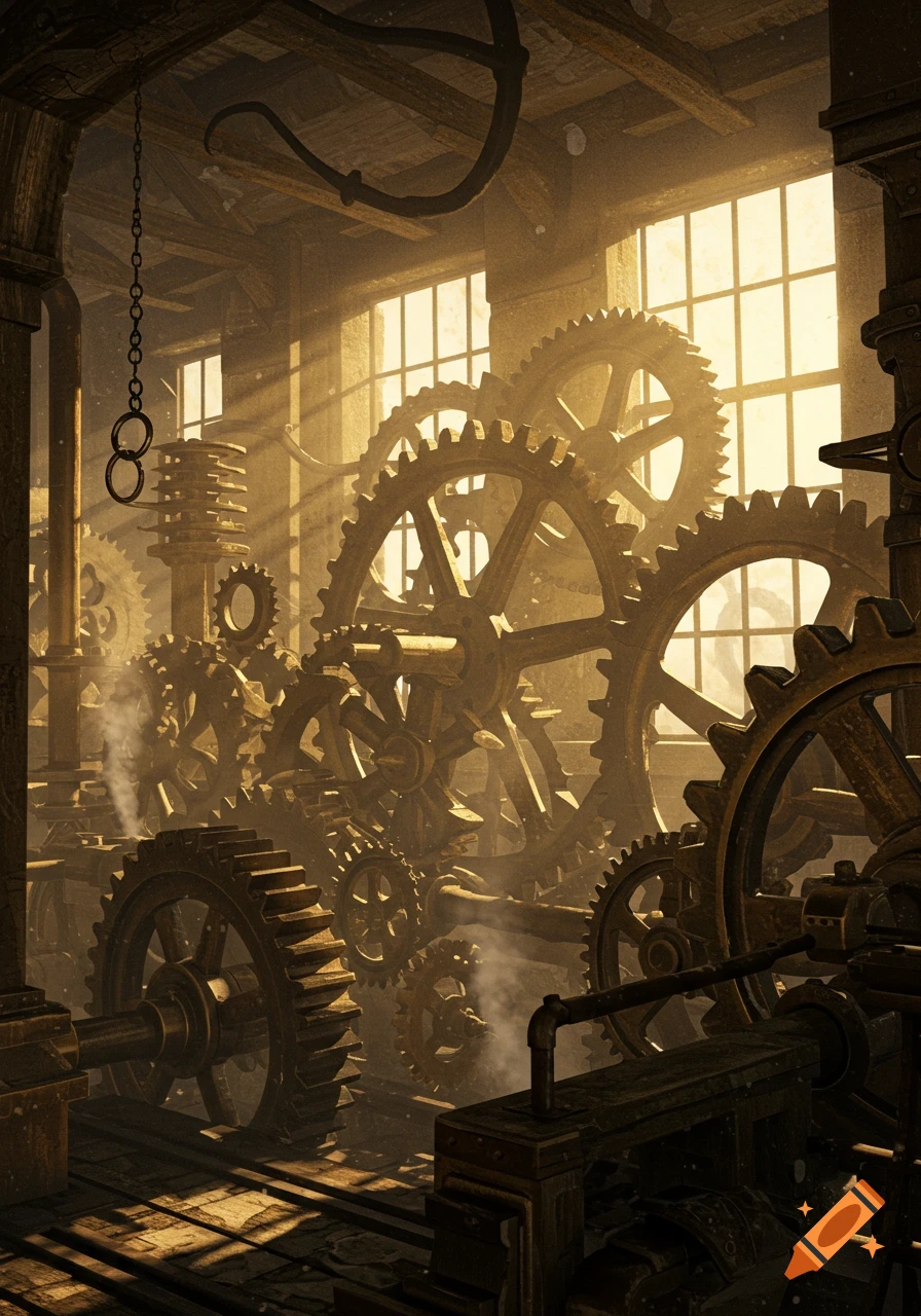 A detailed steampunk factory interior filled with massive brass gears and intricate machinery, bathed in golden light from large windows.