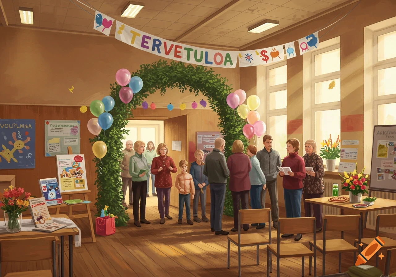 An illustration of a community hall decorated with a "TERVETULOA" banner, balloons, and an arch, where a group of adults and children gather for an event.