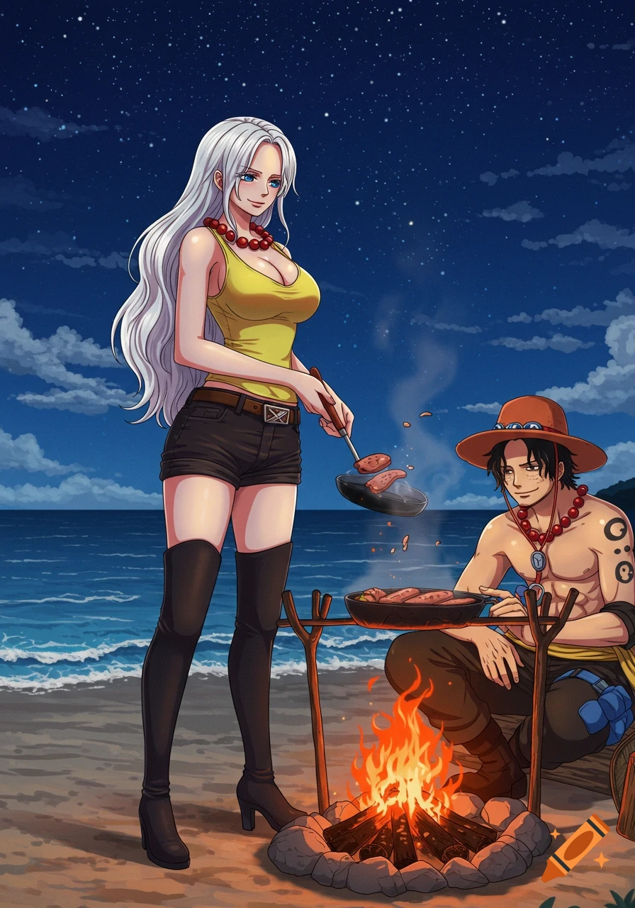 Anime art of a woman with long white hair cooking over a campfire on a beach at night, with Portgas D. Ace sitting nearby.