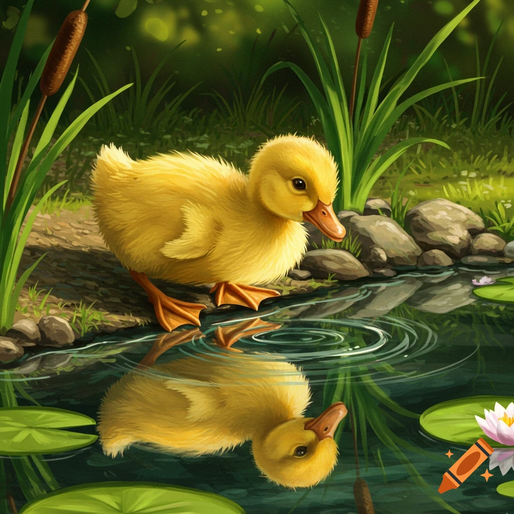 A cute yellow duckling stands by a pond, looking at its reflection among green lily pads and reeds. Illustrated style.