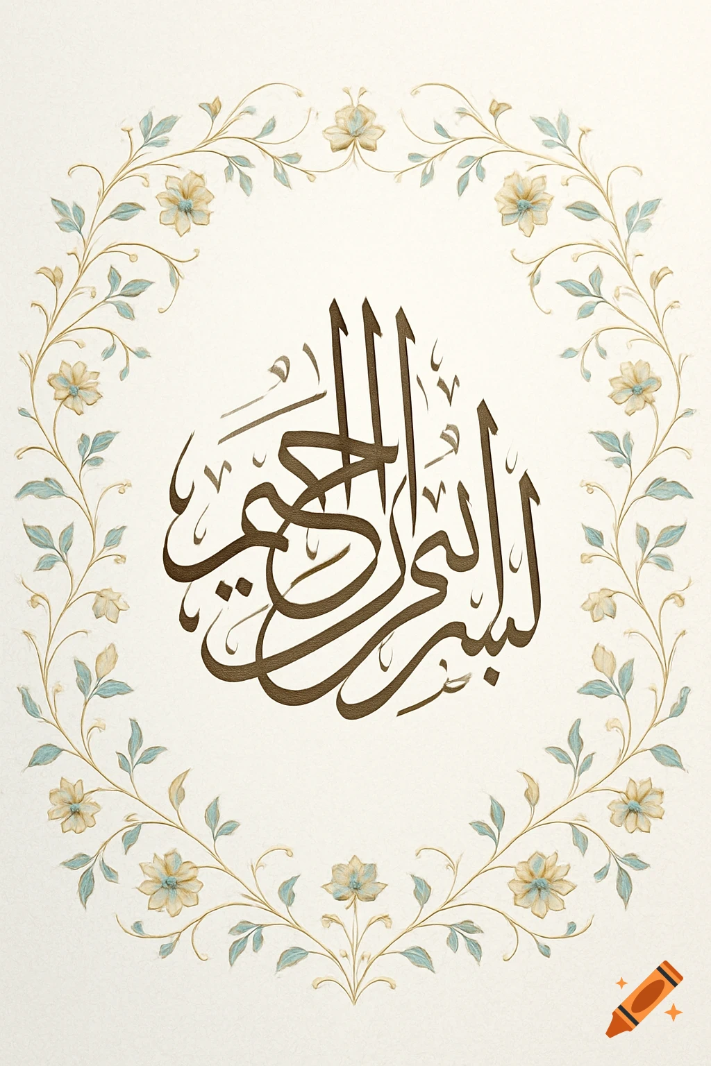 Elegant Arabic calligraphy of "Bismillah" in brown ink, surrounded by a delicate floral wreath with golden and teal elements on an off-white background.