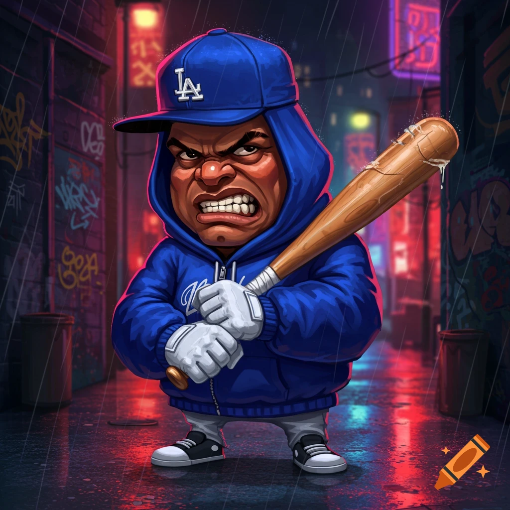 An angry cartoon man in a blue hoodie and baseball cap with an LA logo holds a bat in a rainy, neon-lit urban alley with graffiti.