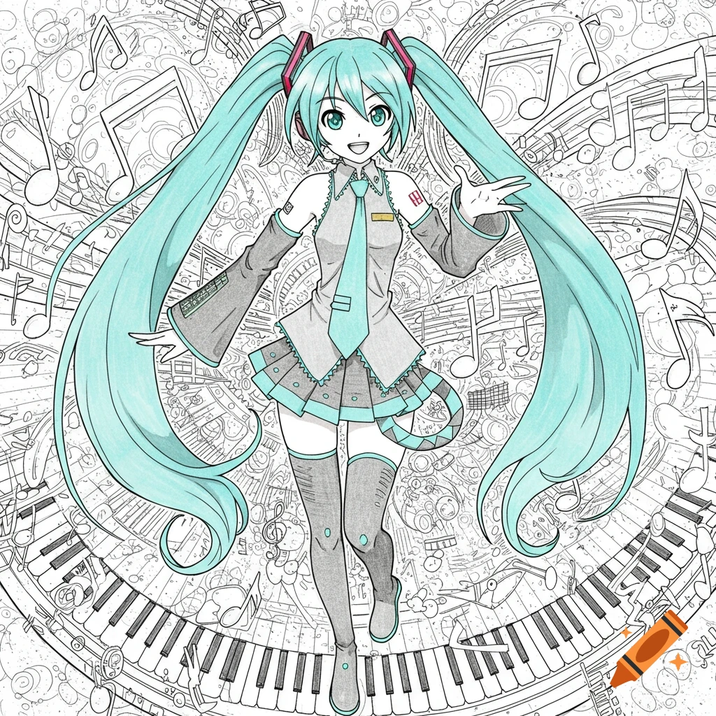 A colouring page of Hatsune Miku with long teal pigtails, wearing a grey and teal outfit, smiling against a background of musical notes and a piano keyboard.