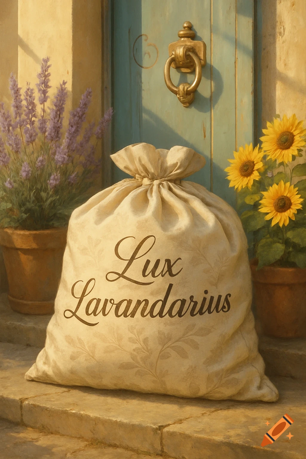 A painterly image of a beige drawstring bag labeled "Lux Lavandarius" on stone steps in front of a blue door, flanked by potted lavender and sunflowers.