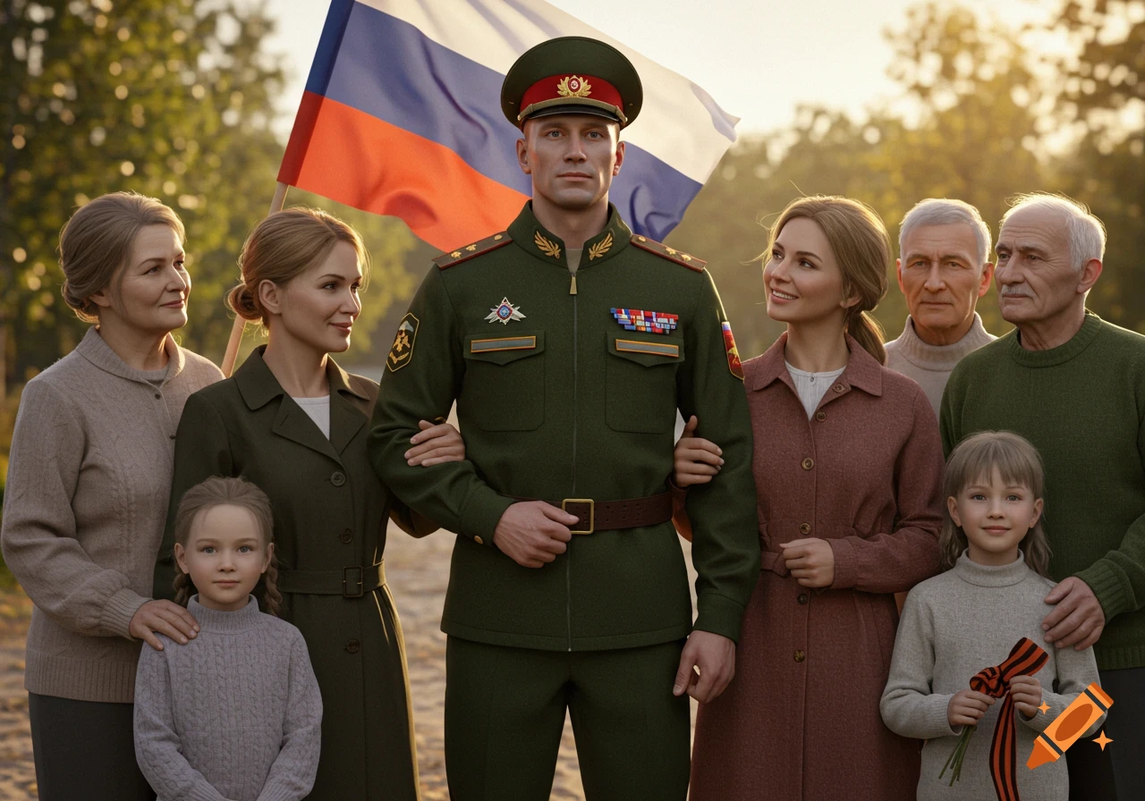 Photorealistic image of a Russian soldier in uniform standing with his family and a Russian flag behind them at sunset.