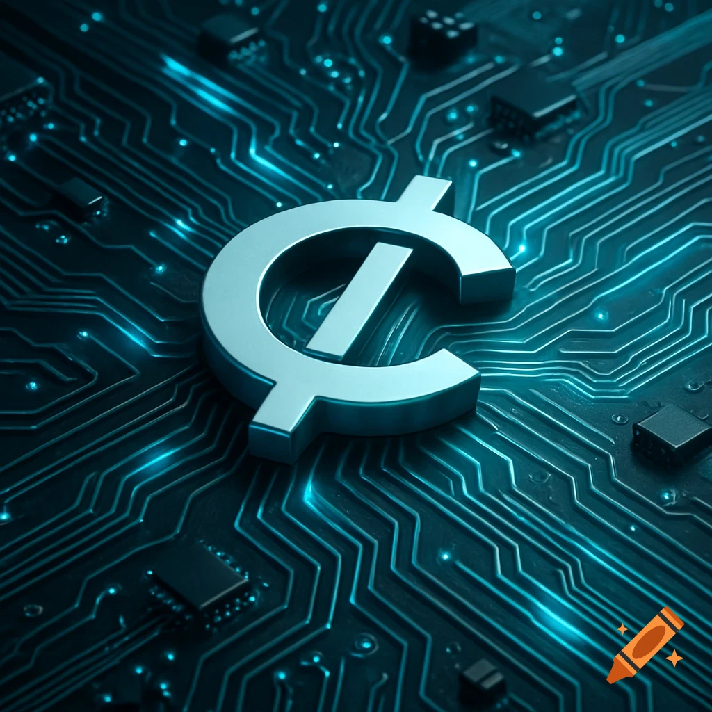 A metallic 3D cent symbol rests on a dark circuit board illuminated by glowing blue pathways and tiny components.