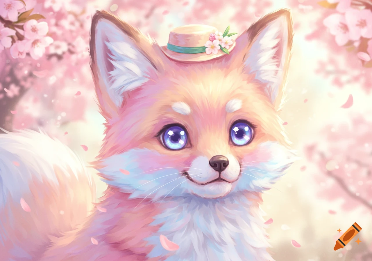 A cute pastel anime fox with big blue eyes and a small straw hat sits among pink cherry blossoms.