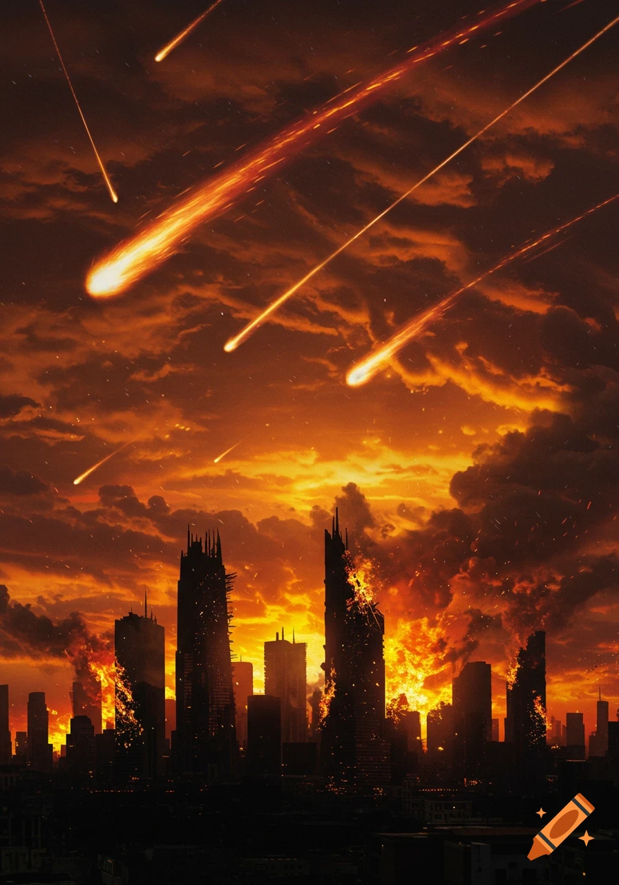 Apocalyptic cityscape with dark buildings silhouetted against a fiery orange sky, as meteors streak down and fires rage.